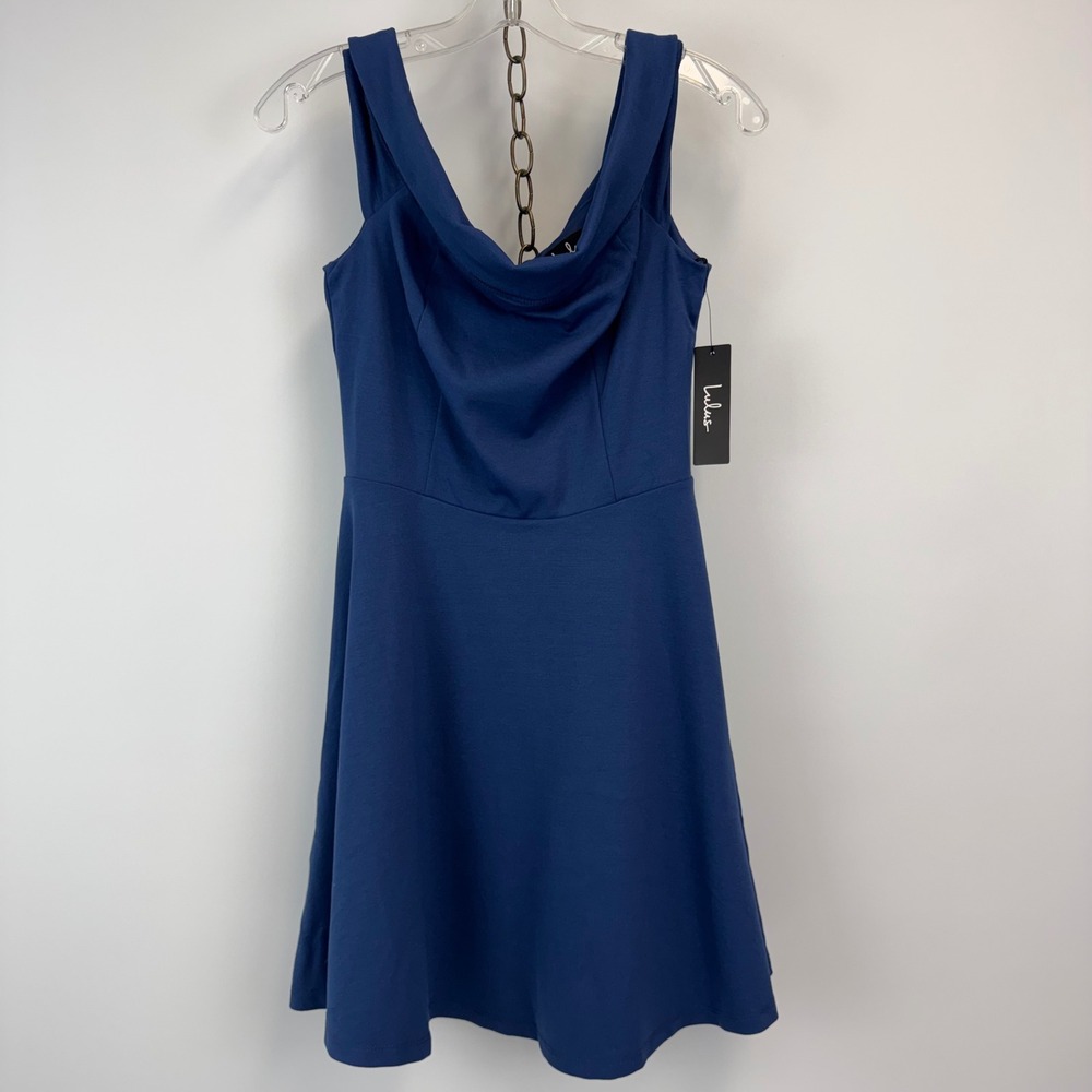 Lulus Fit & Flare Cowl Neck Sleeveless Dress Blue Size M Made in‎ USA NWT